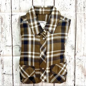 ZARA Brown and Navy Roll Up Sleeves Plaid Shirt Size XS
